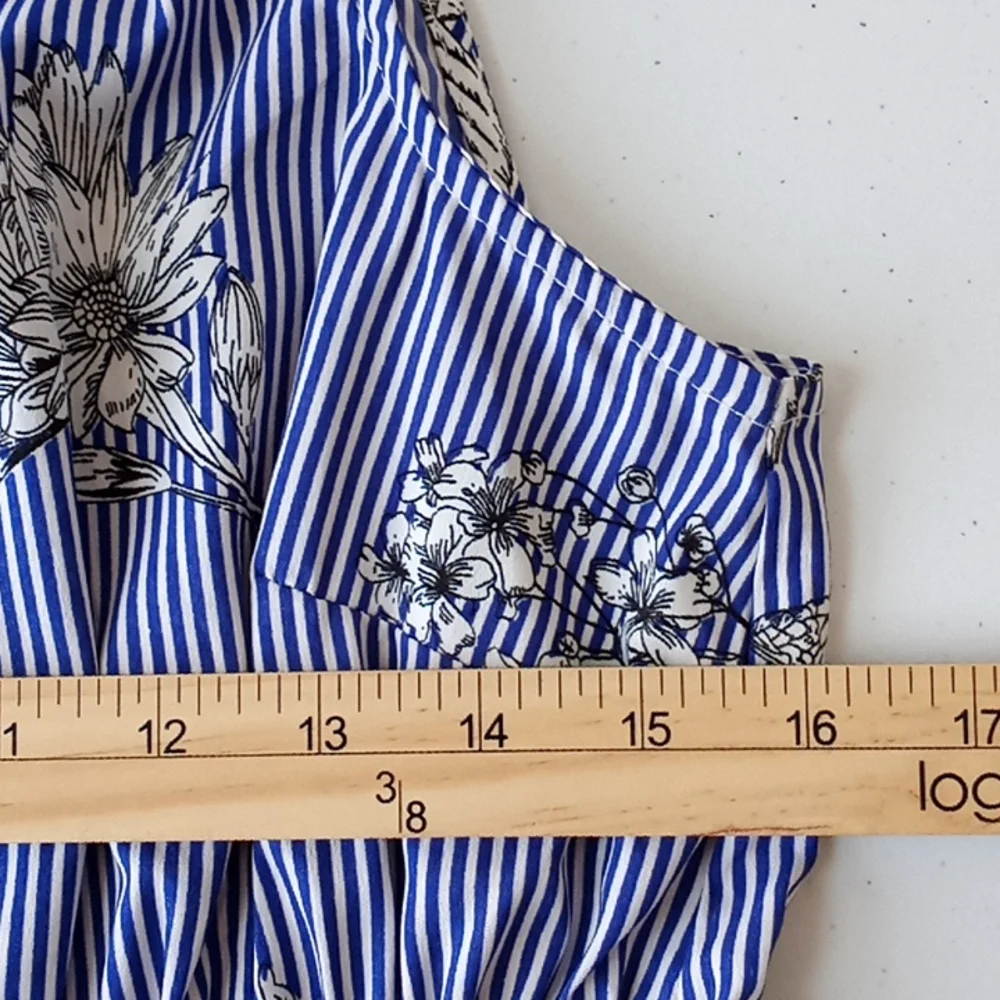 A Hint of Blush Blue White Floral Stripe Mini Dress Size M - Picture 12 of 14
